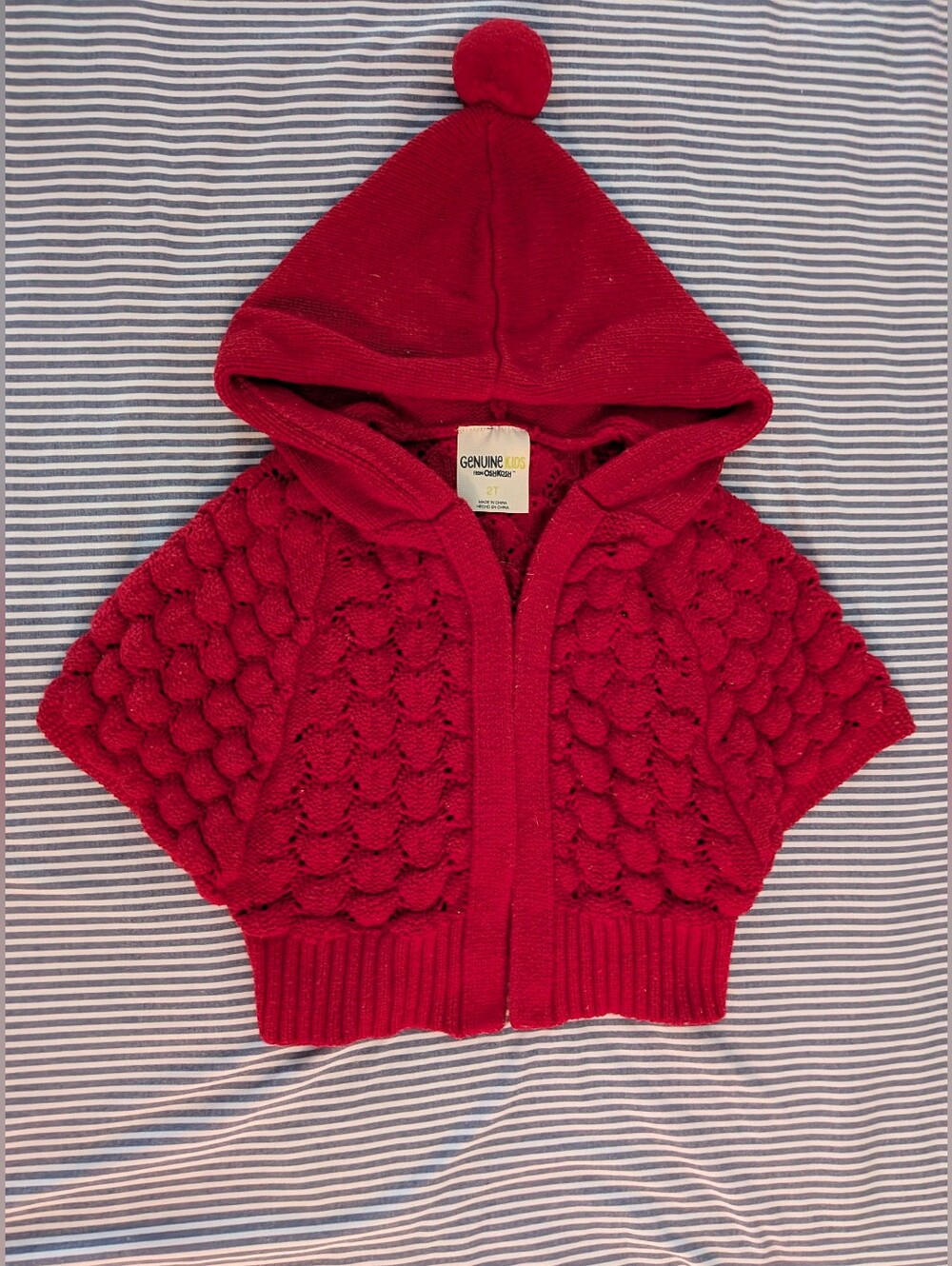 Genuine Kids Oshkosh Red Hooded Knit Sweater Capelet Cape/Cardigan with Pompom